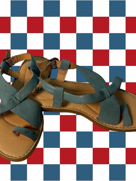 Born Shoes - Born Inya Sandals Women's 6M Blue Tan Leather Strappy Toe Loop Flat Buckle